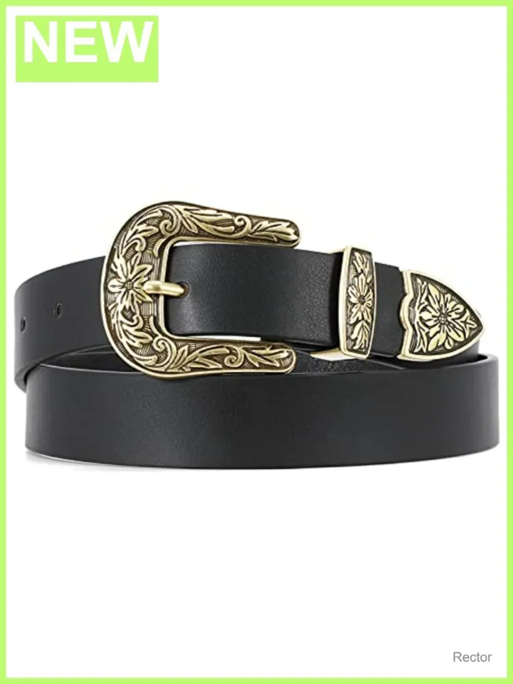 Vintage Western Belt for Women PU Leather Floral Carved Buckle Waist Belt for